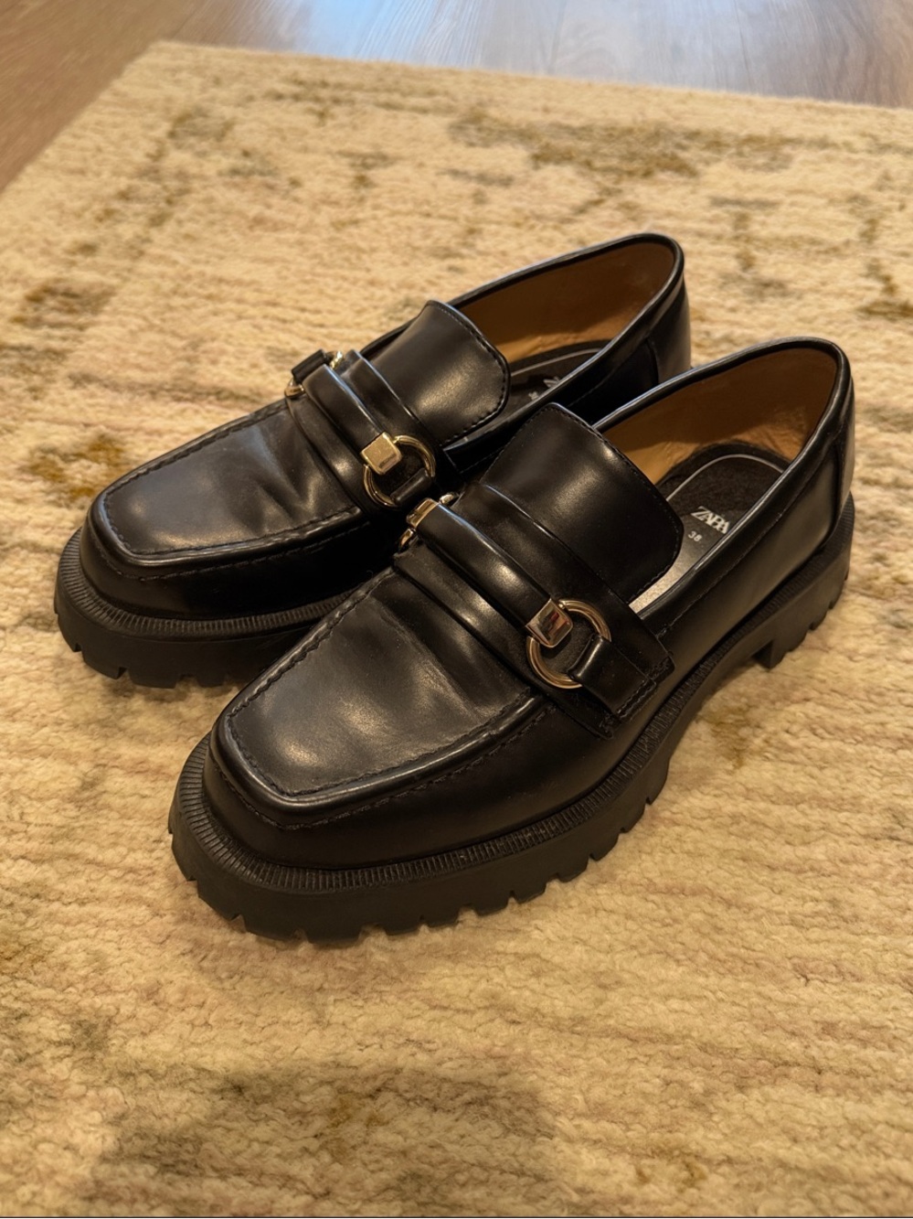 Zara Black Leather Lug Sole Loafers with Gold-Tone Bit